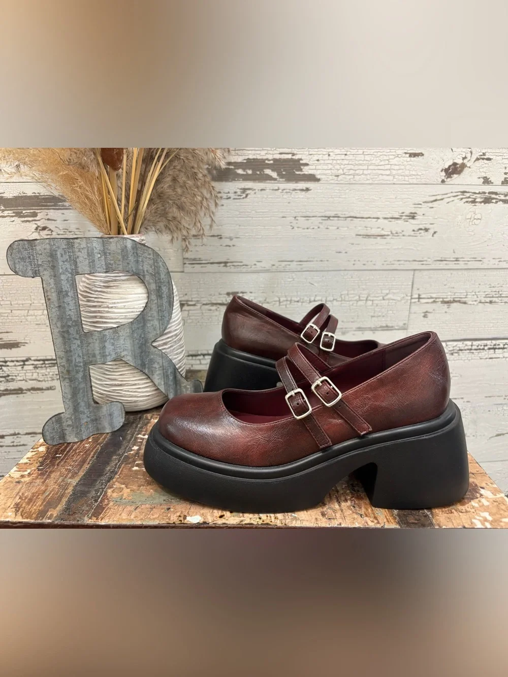Cider Double-Strap Mary Jane Platform Loafers in Burgundy Size: 8